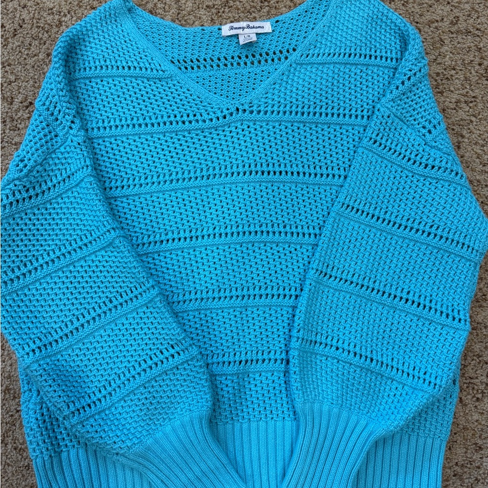 Tommy Bahama Women's Turquoise Crocheted V-Neck Sweater